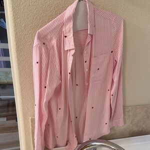 beachlunchlounge Pink Striped Women's Button Down Shirt with Heart Accents